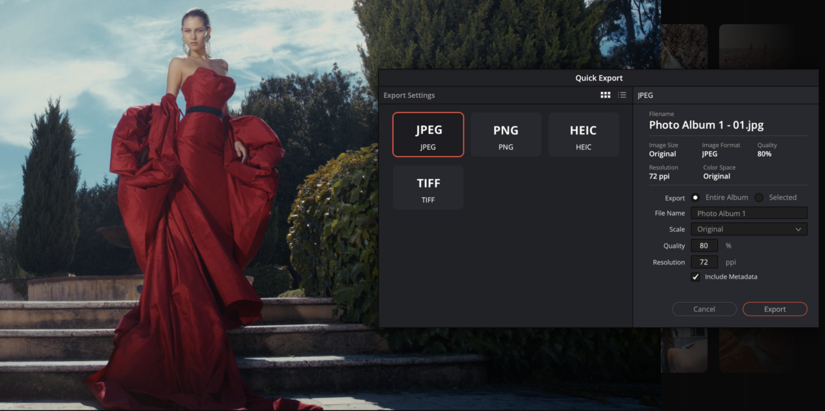 DaVinci Resolve 21 замінює Lightroom: огляд можливостей сторінки Photo 8 Скриншот вкладки Deliver в оновленому DaVinci Resolve 21, що демонструє нові функції рендеру: відображення приблизної ваги фінального файлу та налаштування для запуску прорахунку у фоновому режимі.